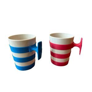 Vintage 1970s DEKA Set Of 2 Striped Mug Cups Pink Blue Handles Retro MCM Plastic